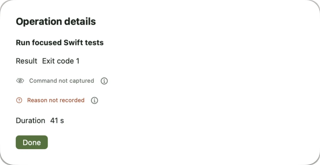 Operation details for Run focused Swift tests: result exit code 1, duration 41 s. Labels show that the command was not captured and the failure reason was not recorded.