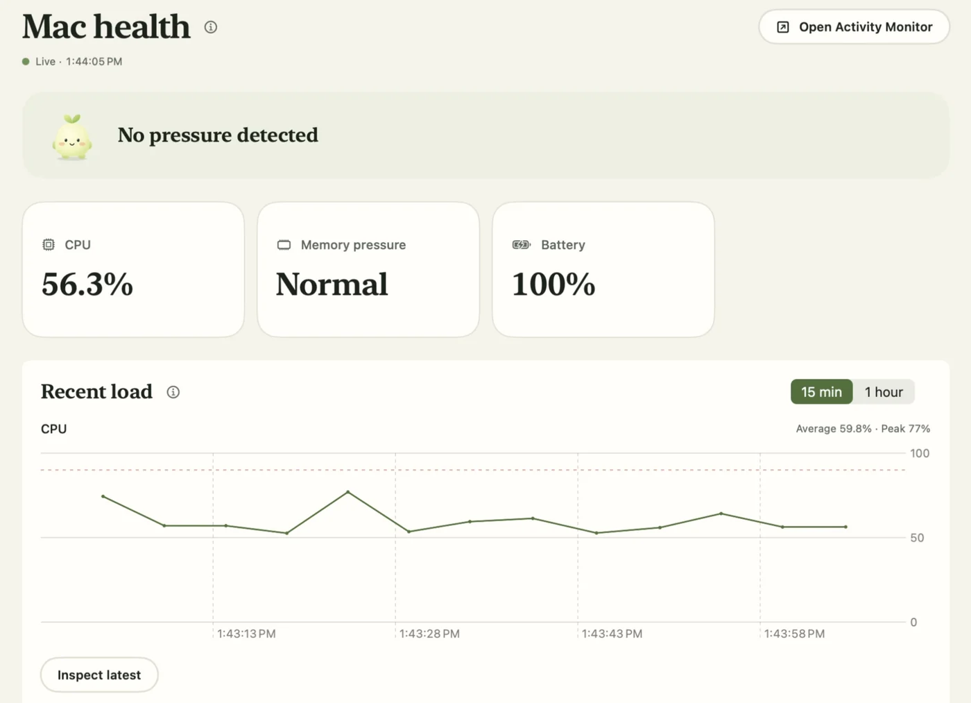 Mac health screen: CPU 56.3%, memory pressure normal, battery 100%, with a recent-load chart.